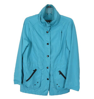 Vtg Mirror Image Jacket Coat Women M Blue Packable Hood Zip Snaps Lined
